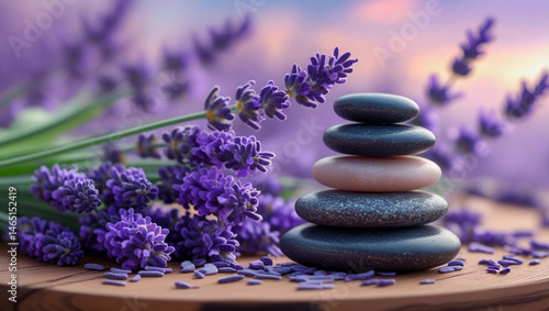 A peaceful and serene spa-inspired scene featuring a stack of smooth zen stones placed on a wooden surface next to fresh lavender flowers. perfect for wellness, spa, or aromatherapy themes. 
