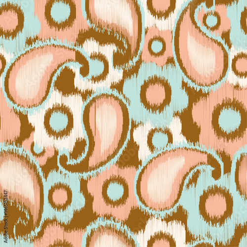 Seamless French blue farmhouse ikat paisley linen textured background. seamless ikat paisley pattern on beige and blue paisley and flower