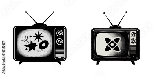 vintage tv set, black and white retro tv illustration featuring classic antennas, control knobs, and vent lines. ideal for nostalgic or vintage media content, Retro TV Set. Vector Vintage Television.
