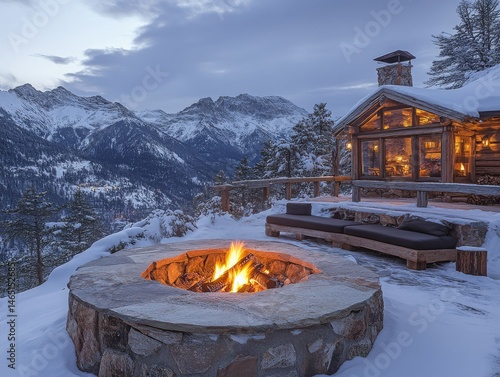 Cozy Cabin Retreat: Enjoying the Warmth of a Fire Pit Against a Snowy Mountain Backdrop on a Winter Evening, with Cabin Interior Visible Through Windows