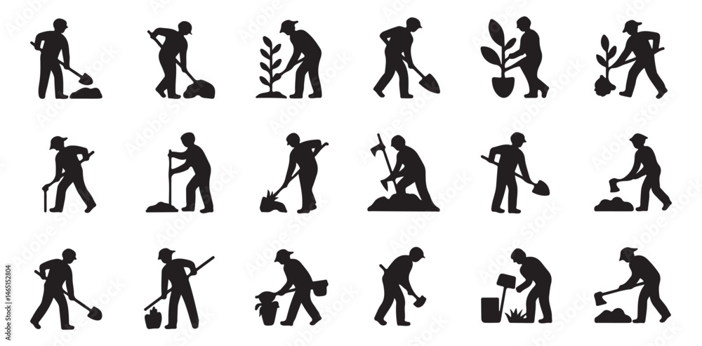 Naklejka premium construction worker icons performing various tasks, ideal for construction, labor, and industry-related content.