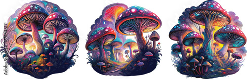 psychedelic mushroom forest  vibrant colorful magic mushrooms  