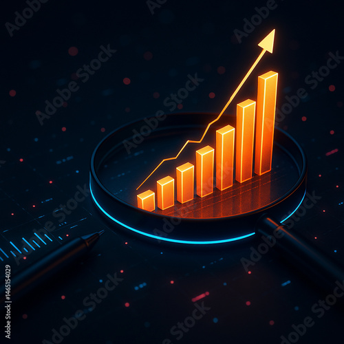 Generative AI Analysis Magnifying Glass & Business Growth Chart with Upward Trend, Financial Success, Stock Profit, Investment Data-Driven Market Economy Stats