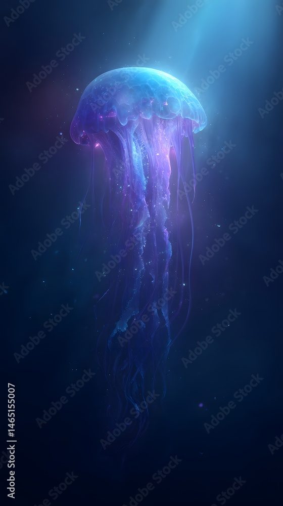 Naklejka premium Bio luminescent Jellyfish: A mesmerizing bioluminescent jellyfish gracefully floats in the deep ocean, its ethereal glow illuminating the dark abyss.