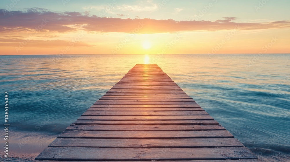Obraz premium Serene sunset over calm waters viewed from a wooden pier, creating a tranquil atmosphere for relaxation
