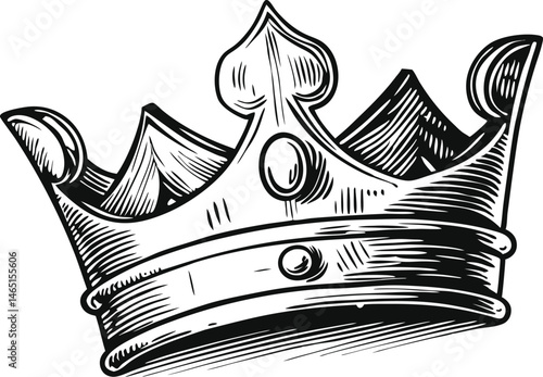 Medieval crown with royal detail in black and white line art style, outlined vintage illustration with elegant contours

