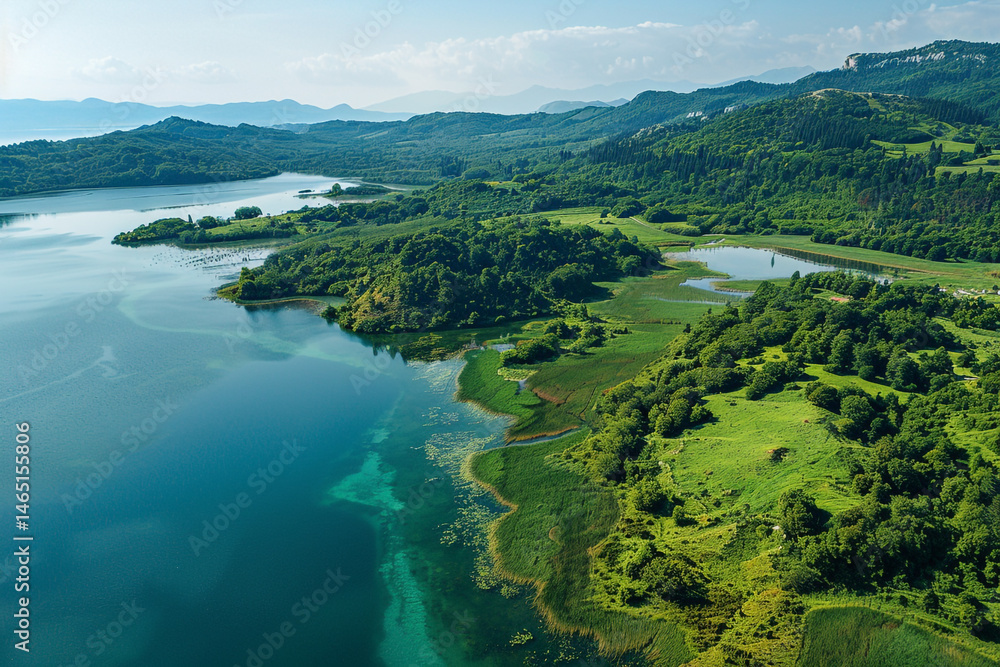 Obraz premium An aerial view captures the winding river meeting the expansive lake under a vast blue sky