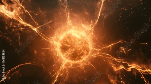 Intense fiery energy burst resembling a galactic or cosmic explosion with radiant flames and luminous plasma like effects against a dark backdrop
