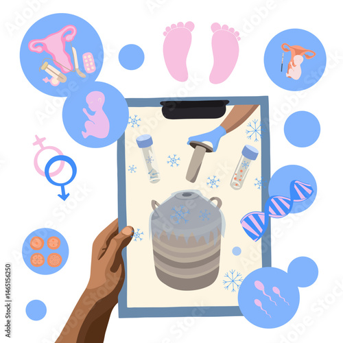 Vector isolated illustration of sperm and egg freezing. Cryo bank. Artificial insemination.