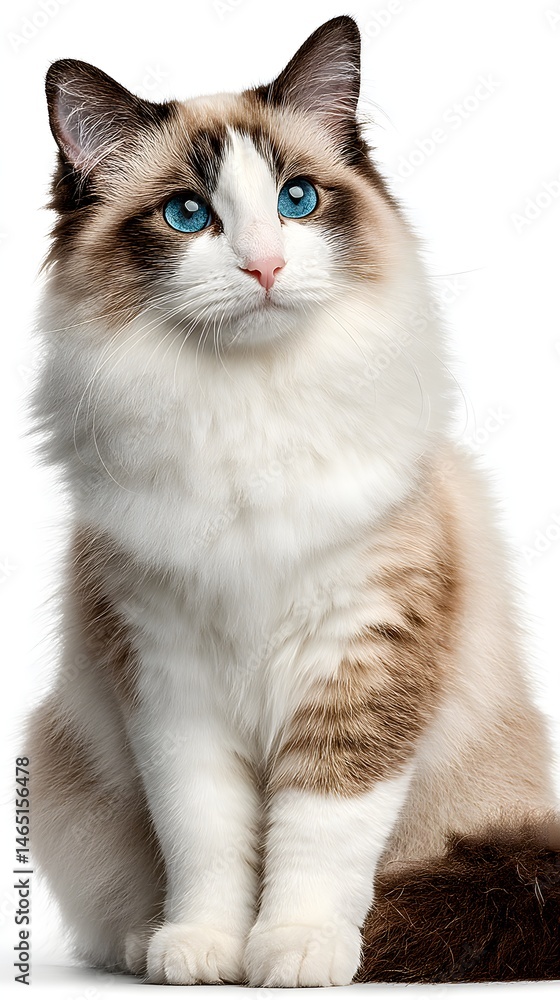Fototapeta premium Regal Ragdoll: A majestic Ragdoll cat with striking blue eyes sits regally, exuding an air of elegance and calm. Capturing the essence of a beloved pet.