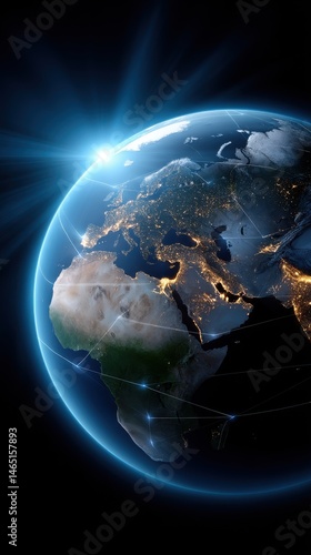 Glowing Earth Planet View from Space Showing Europe Africa and Asia with Connection Lines and Blue Light
