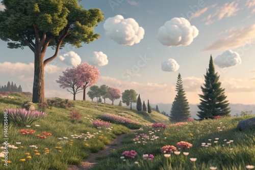 3D rendered miniature landscape with fluffy grass, trees, flowers, and clouds - generated by ai