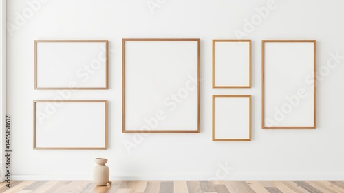 Empty wooden picture frames on a white wall with light wood floor and a small vase