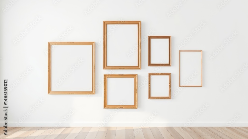 Empty ornate wooden frames on a white wall in a room with light wooden floors Empty ornate wooden frames on a white wall in a room with light wooden floors
