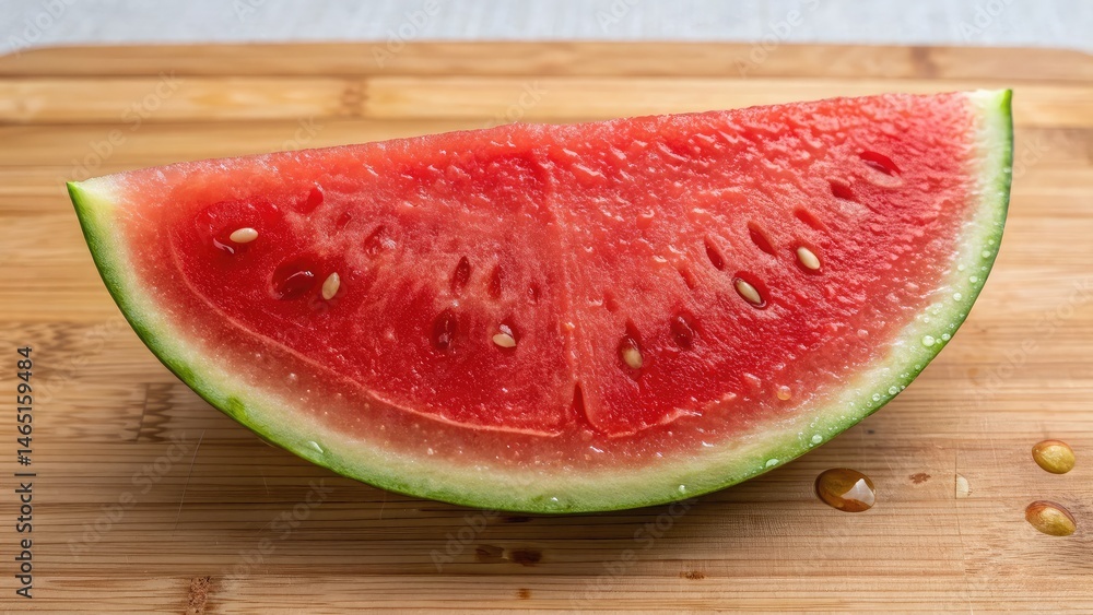 watermelon slice natural sugar. A fresh slice of watermelon rests on a wooden cutting board, showcasing its vibrant red flesh and green rind with droplets of water. watermelon slice natural sugar. A fresh slice of watermelon rests on a wooden cutting board, showcasing its vibrant red flesh and green rind with droplets of water.