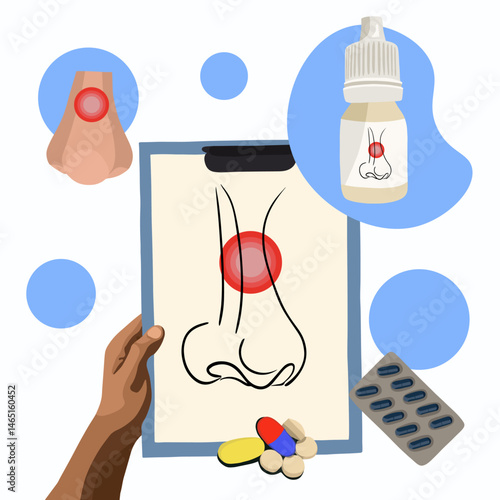 Vector isolated illustration of nasal congestion. Sign of sinusitis. Treatment of sinusitis and sinusitis. Cold. A mild cold.