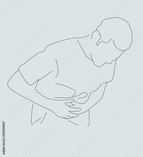 one line drawing of adult man holding stomach..stomachache person concept