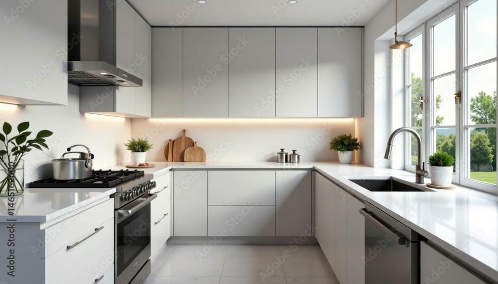 Fototapeta premium Clean modern kitchen with stainless steel appliances and granite countertops, refrigerator, modern kitchen, home decor