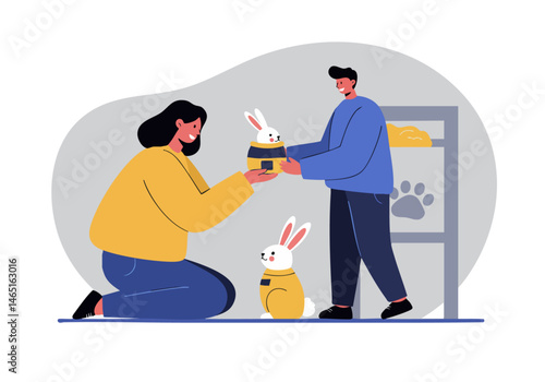 A couple adopts a bunny at a rescue shelter. Warm colors and a heartwarming scene. Ideal for pet adoption campaigns and animal welfare themes.