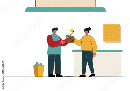 A couple adopts a rescue parrot, symbolizing compassion and connection. Warm colors and a modern setting create a welcoming image for commercial use.