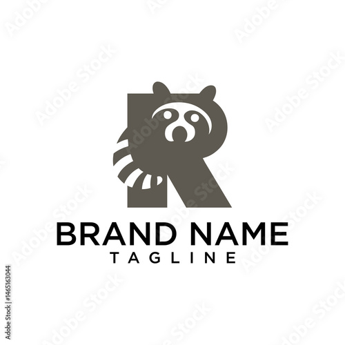 The letter R is combined with a cute and bold raccoon illustration, symbolizing intelligence and curiosity. Ideal for kid-friendly brands, entertainment, or creative projects.