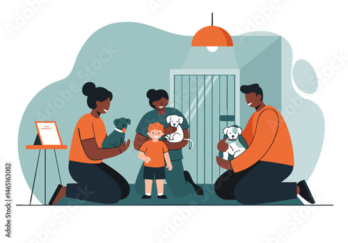 Diverse adopters lovingly interact with adorable shelter pets in a welcoming adoption center. Warm lighting and smiling faces create a hopeful scene. Perfect for promoting animal adoption.