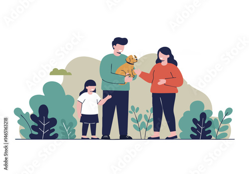 A joyful family adopts a puppy outdoors. A mother, father, and daughter share a heartwarming moment, celebrating their new pet. Soft colors and a natural setting create a positive and inviting image.