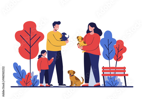 A joyful family adopts a puppy outdoors. A mother, father, daughter, and dog share a happy moment. Bright colors and a friendly atmosphere.