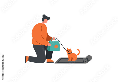 A young man adopts a rescue cat, gently holding a carrier. Warm colors and a friendly scene evoke compassion and pet adoption. Suitable for heartwarming campaigns.