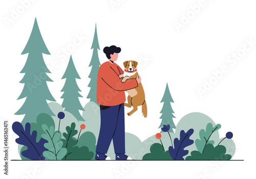 A man adopts a rescue dog outdoors, showcasing a heartwarming connection. Soft colors and a natural backdrop create a visually appealing image for adoption campaigns.
