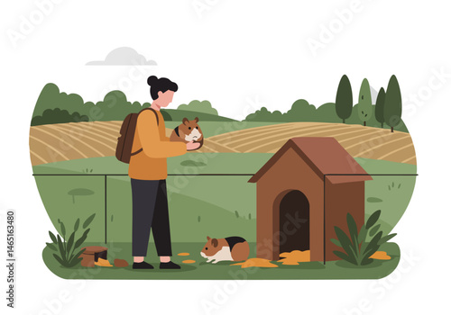 A young man cares for two hamsters in a rustic outdoor shelter. A peaceful scene with a rural backdrop. Ideal for pet, rescue, and nature themes.