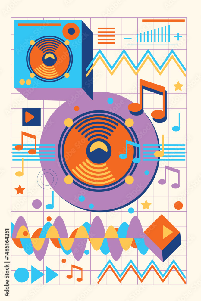 Obraz premium Colorful music loudspeaker with notes on retro styled geometrical background - musical design