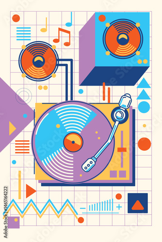 Musical turntable vinyl record player on retro  styled geometrical colorful background,  music design
