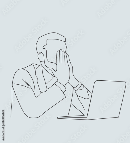 Unhealthy man sit on sofa work on computer