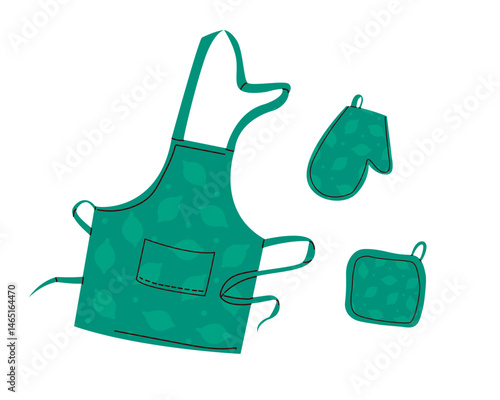 Professional chef kitchen oven mitts and pot holder set, apron with pocket, and heat-resistant oven gloves for safety. Pot holder for the kitchen, adjustable cooking apron. For banner, poster