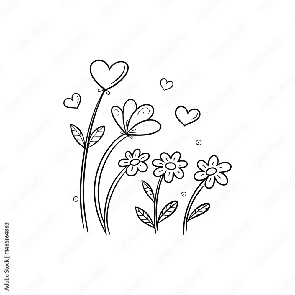 Simple doodle of hearts and flowers hand drawn Simple doodle of hearts and flowers hand drawn