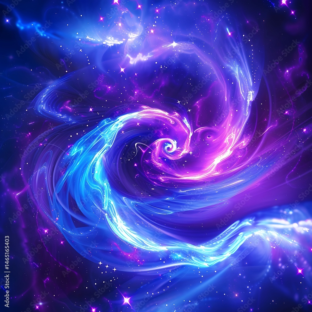 Obraz premium Vibrant abstract depiction of a swirling blue and purple cosmic nebula or galaxy with stars, evoking wonder, space, and mystery. 