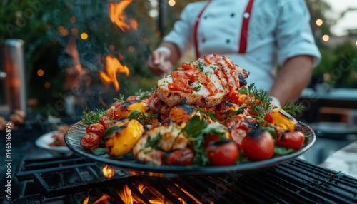 Grilled platter with various vegetables and meat