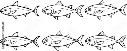 Set of amberjack fish outline vector illustration line art coloring book page
