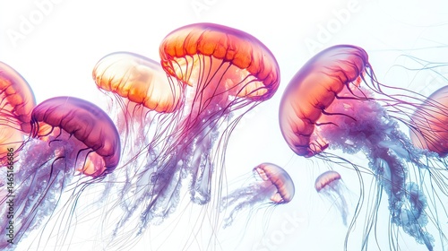 A floating jellyfish garden with softly glowing tendrils on a white background
