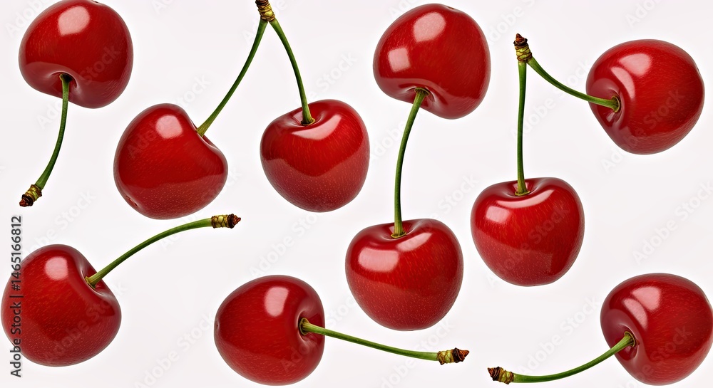 Fresh Red Cherries in Flight Isolated on a White Background Fresh Red Cherries in Flight Isolated on a White Background