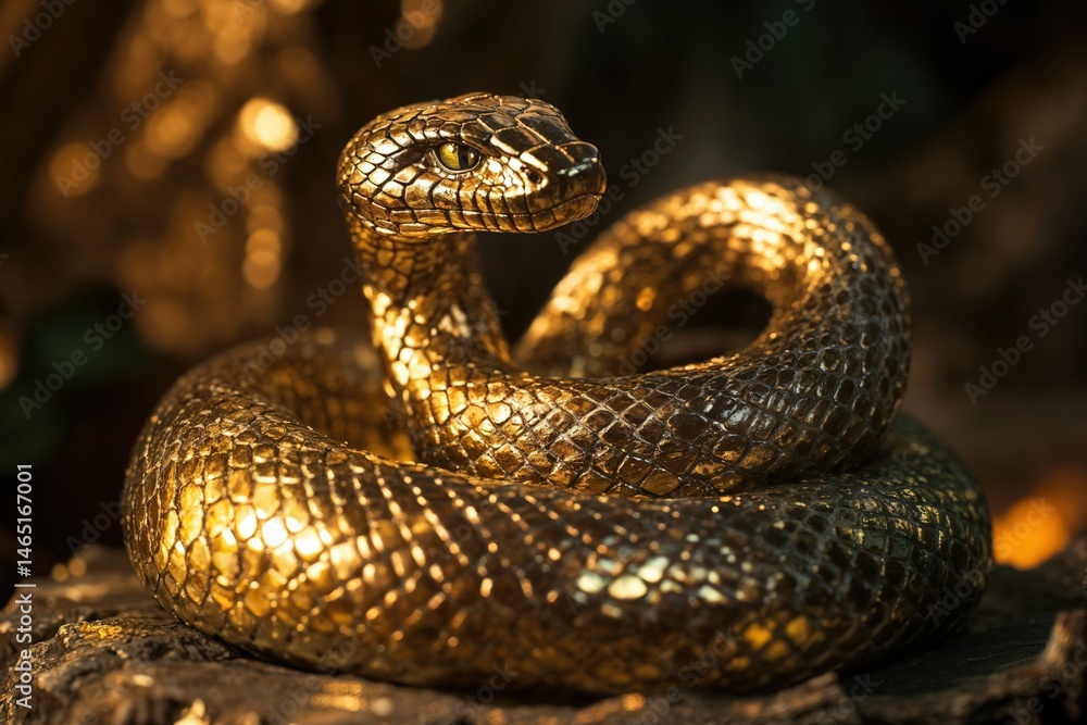 Obraz premium Golden snake sculpture on tree stump