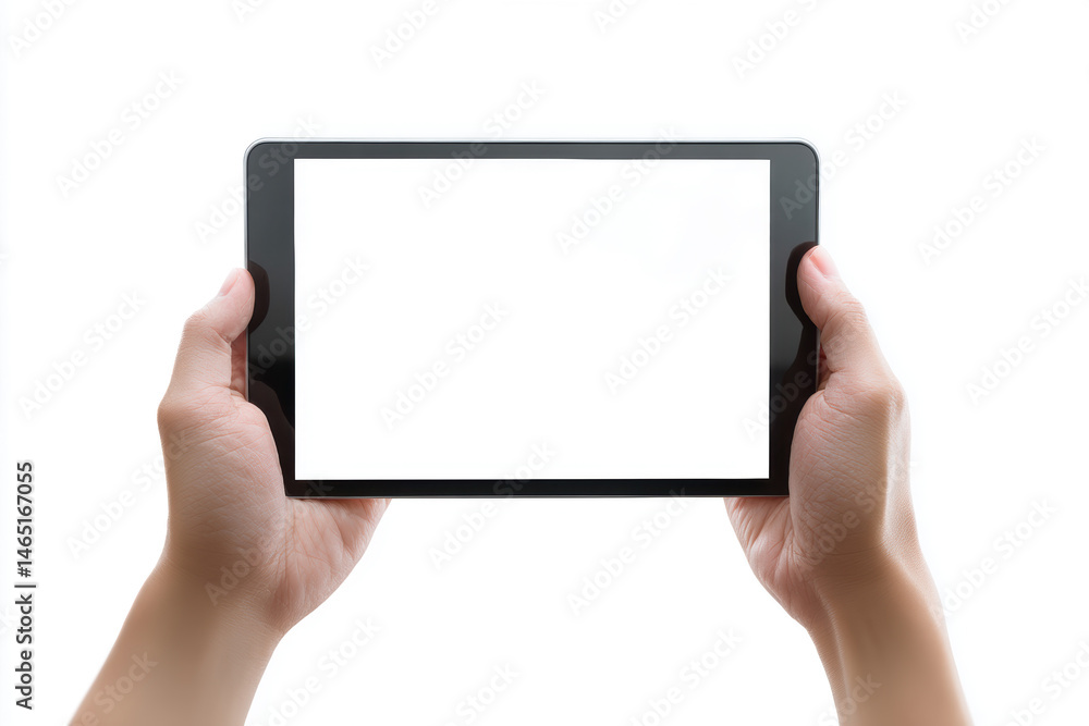 Hands holding a blank tablet against a white backdrop, ready for creative ideas or digital experiences Hands holding a blank tablet against a white backdrop, ready for creative ideas or digital experiences