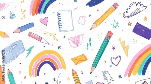 Vibrant Pattern of Colorful Pencils and Stationery Items