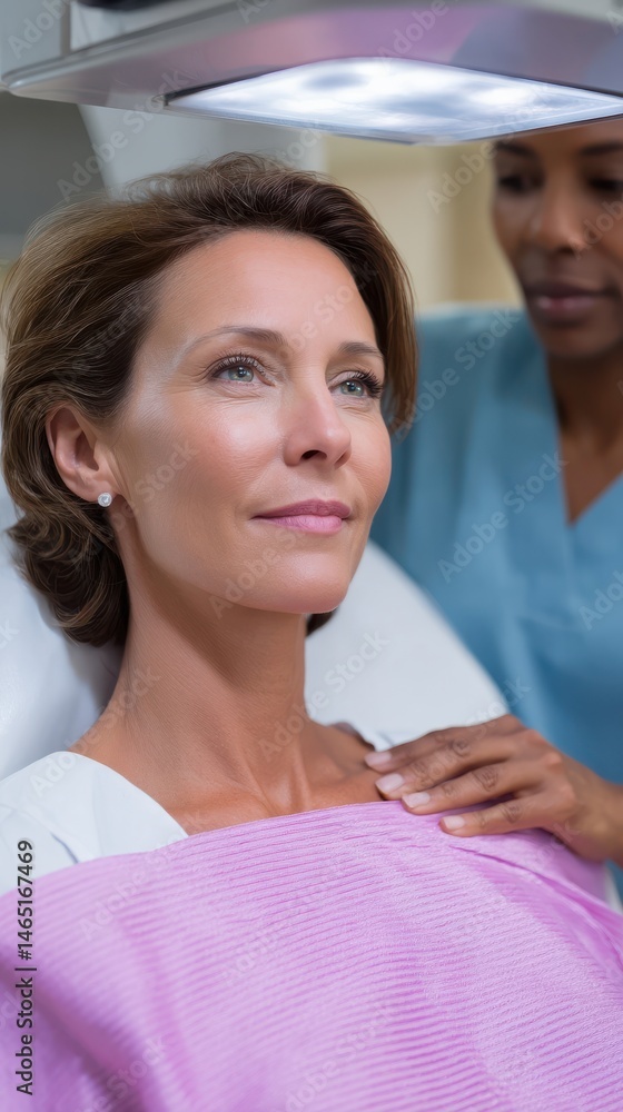 Fototapeta premium Mature woman in examination room receiving comforting hand at consultation appointment skin analysis checkup at dermatology office