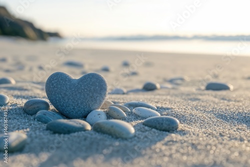 Heart-shaped stone on sandy beach at sunrise