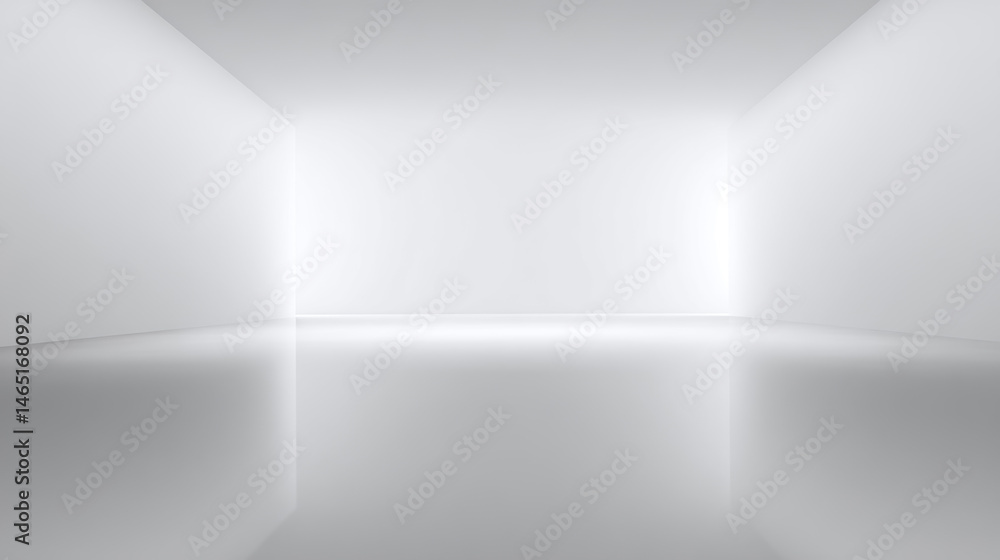 Clean, modern empty room with bright white walls and reflective flooring in contemporary design Clean, modern empty room with bright white walls and reflective flooring in contemporary design