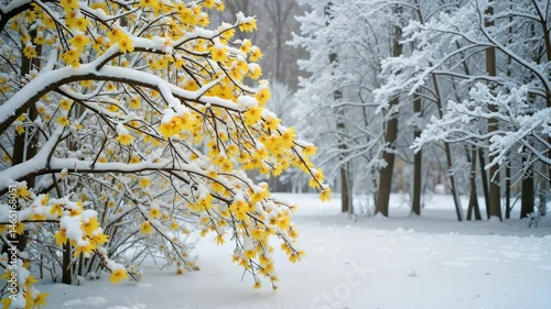 Winter Landscape with Yellow Flowers and Snowy Background  