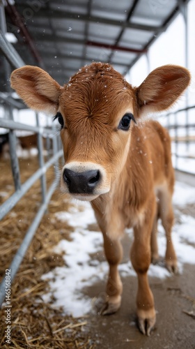 Cute Brown Calf Standing in Snowy Enclosure on a Farm during Winter