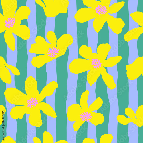 Trendy floral seamless pattern with vertical stripes. Modern flowers print design for fabric, textiles, clothing, packaging, cover, banner, home decor and backgrounds. Vector illustrations.